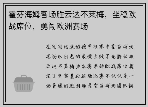 霍芬海姆客场胜云达不莱梅，坐稳欧战席位，勇闯欧洲赛场